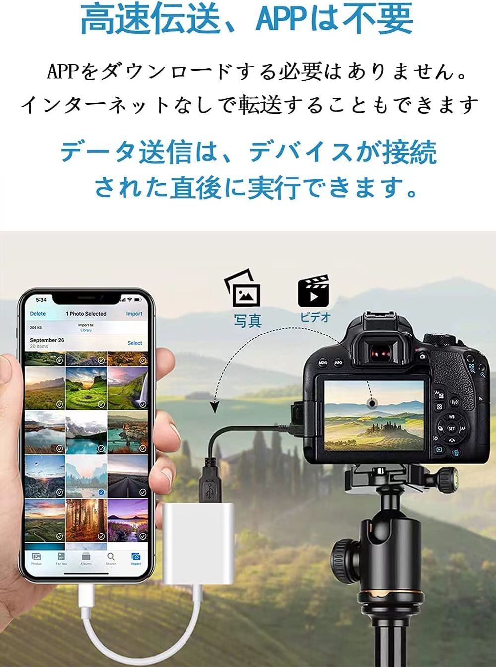 iPhone USB変換アダプタ 【2 in1】 iPhone Lightning USBカメラ