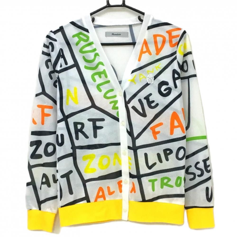 【美品】ラッセルノ メッシュカーディガン 白×マルチカラー 総柄 レディース 2(L) ゴルフウェア RUSSELUNO