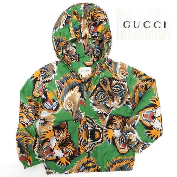 GUCCI フード付 パーカー ナイロン キッズ 18/24M タイガー グリーン 