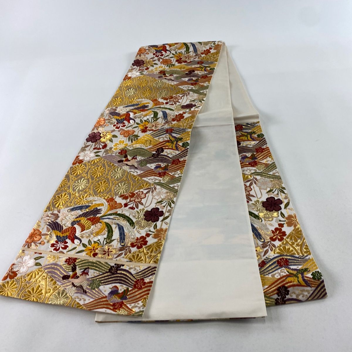 袋帯 秀品 落款 桜 鳳凰 唐織 箔 灰白 六通 正絹 【中古