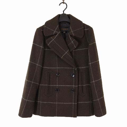 コーチ COACH コート ピーコート Pコート ウール ウインドウペン チェック S ダークブラウン こげ茶色 グレー 正規品