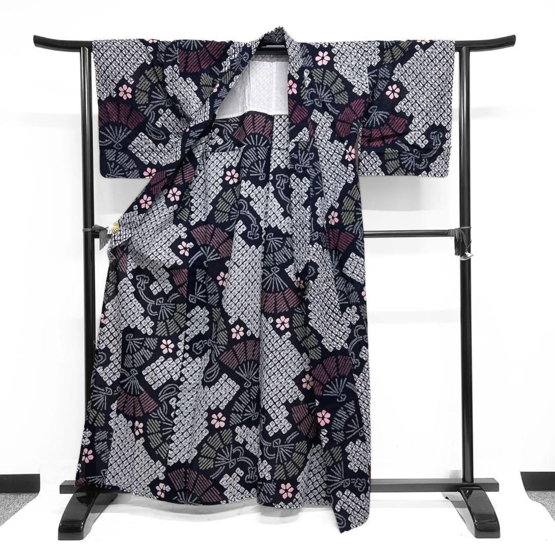 浴衣 有松鳴海絞り 扇 花模様 鹿の子 藍染 ネイビー 着物 035a d