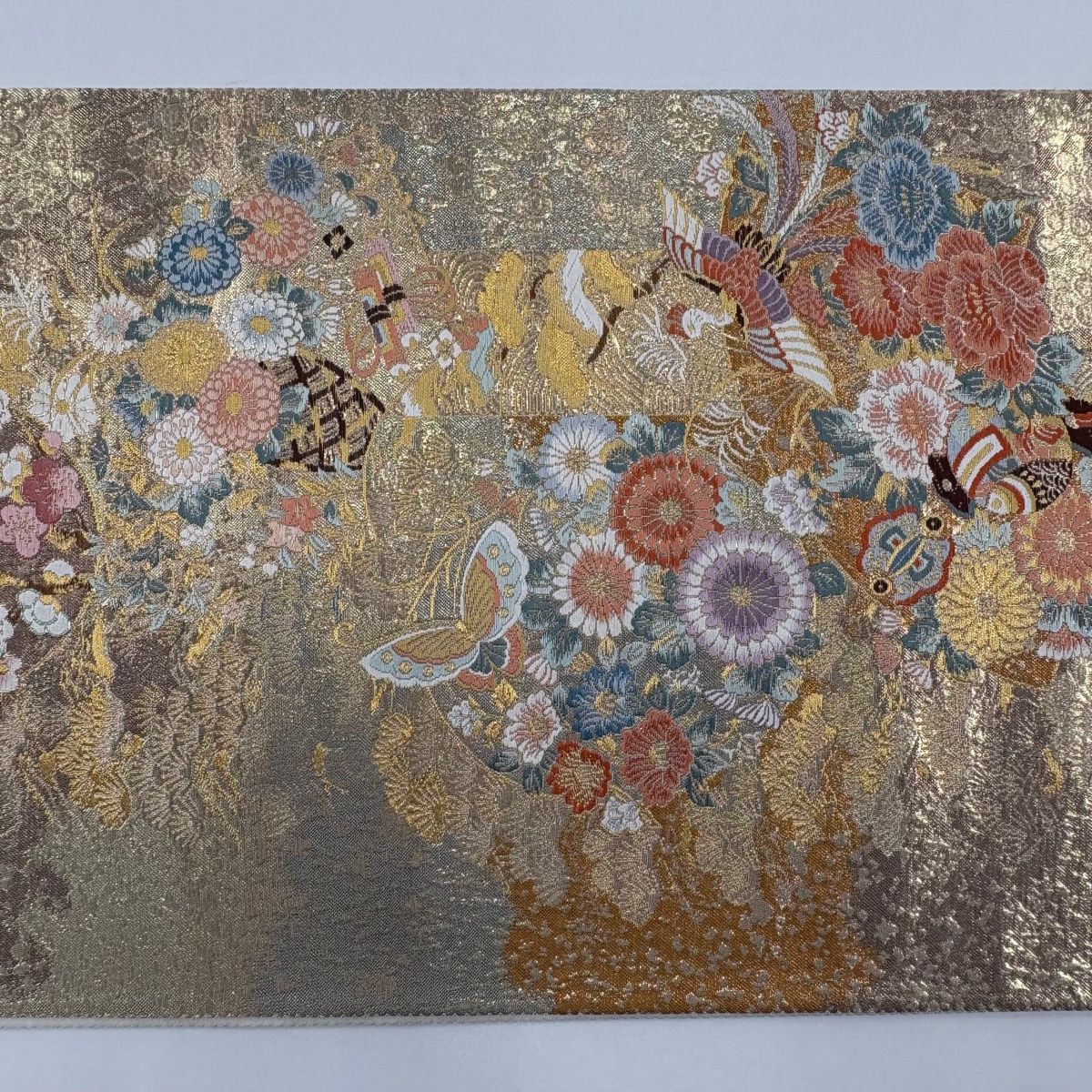 袋帯 美品 秀品 花鳥 宝尽くし 箔 刺繍 金色 六通 正絹 【中古