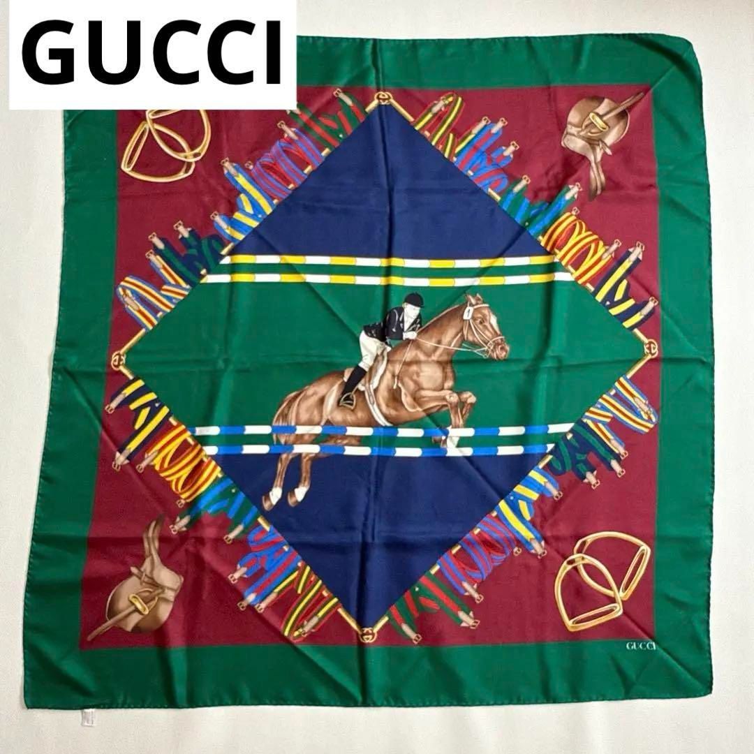 グッチ GUCCI 大判スカーフ バンダナ ホース 馬 緑 グリーン
