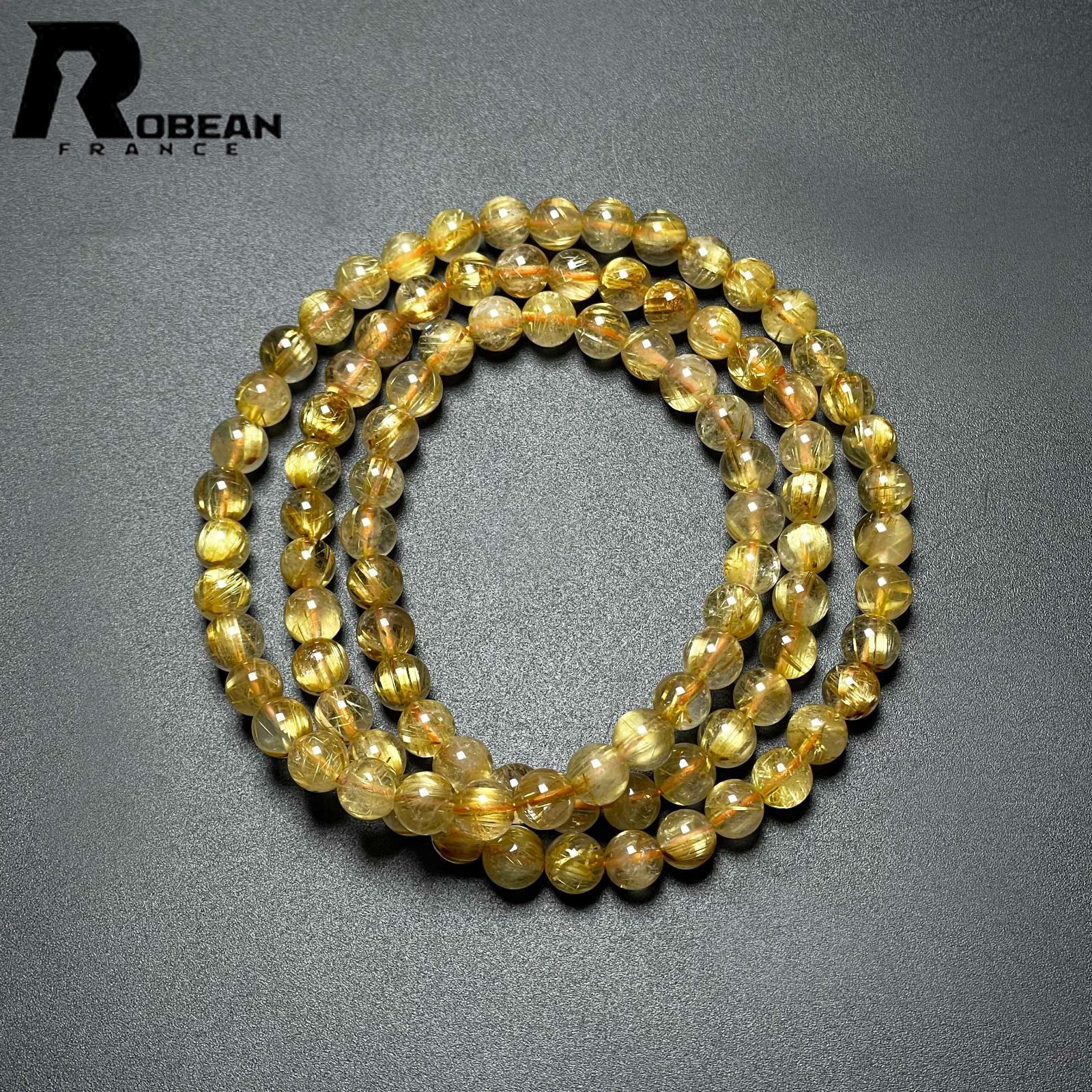 EU製 定価14万円 ROBEAN タイチンルチル 黄金針水晶 金運 開運 ゴールド 3本巻きブレス パワーストーン プレゼント 5.7-6.3mm M1018774