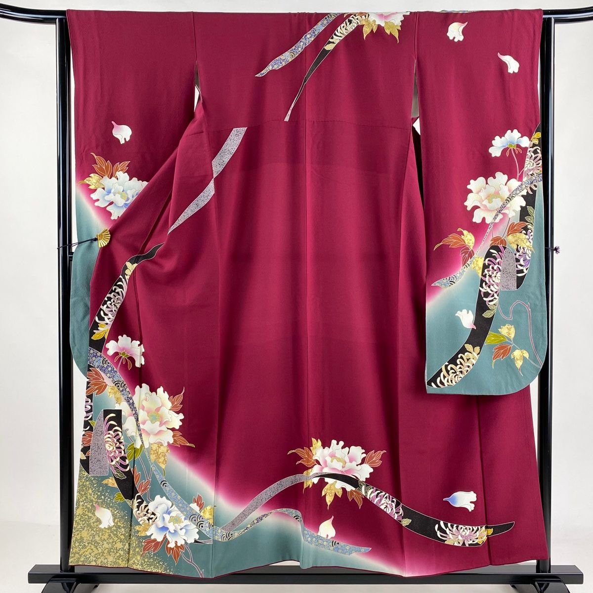 振袖 身丈155cm 裄丈63cm S 袷 草花 熨斗 金糸 金彩 えんじ色 正絹 秀品