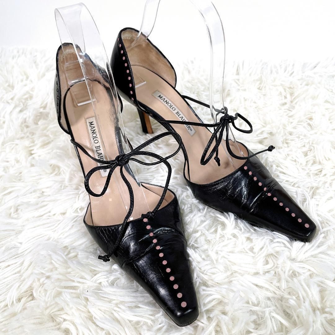 美品✨ MANOLO BLAHNIK マノロブラニク パンプス ドットライン ストラップ 紐 黒 36 1/2 23.5cm相当 ブラック 黒  ハイヒール - メルカリ