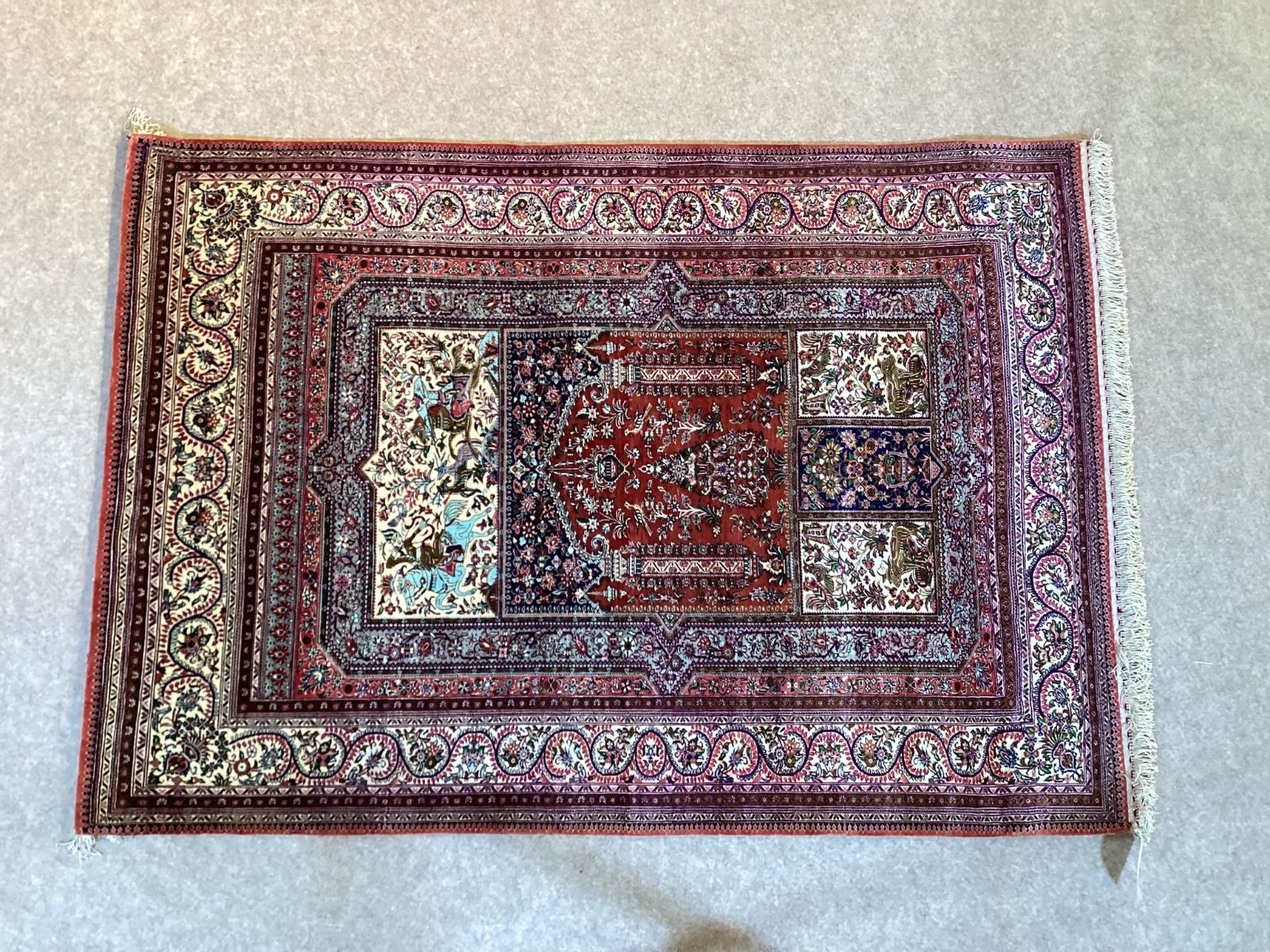 【美品】最高級緞通 ペルシャ絨毯　クム産 シルク　クムシルク　工房サイン入り