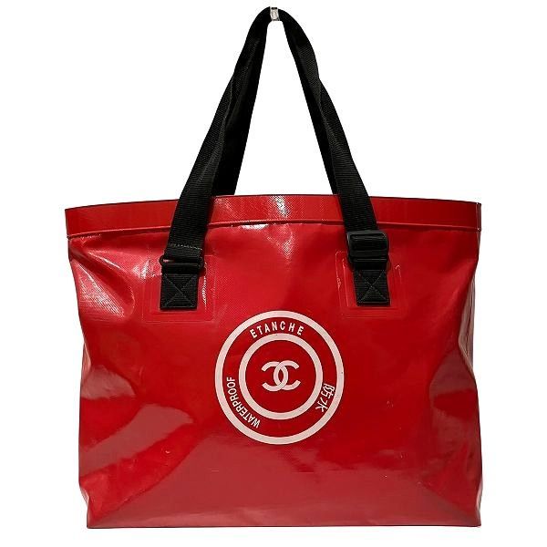 シャネル CHANEL レッド ビニール 防水 ココマーク バッグ トートバッグ レディース