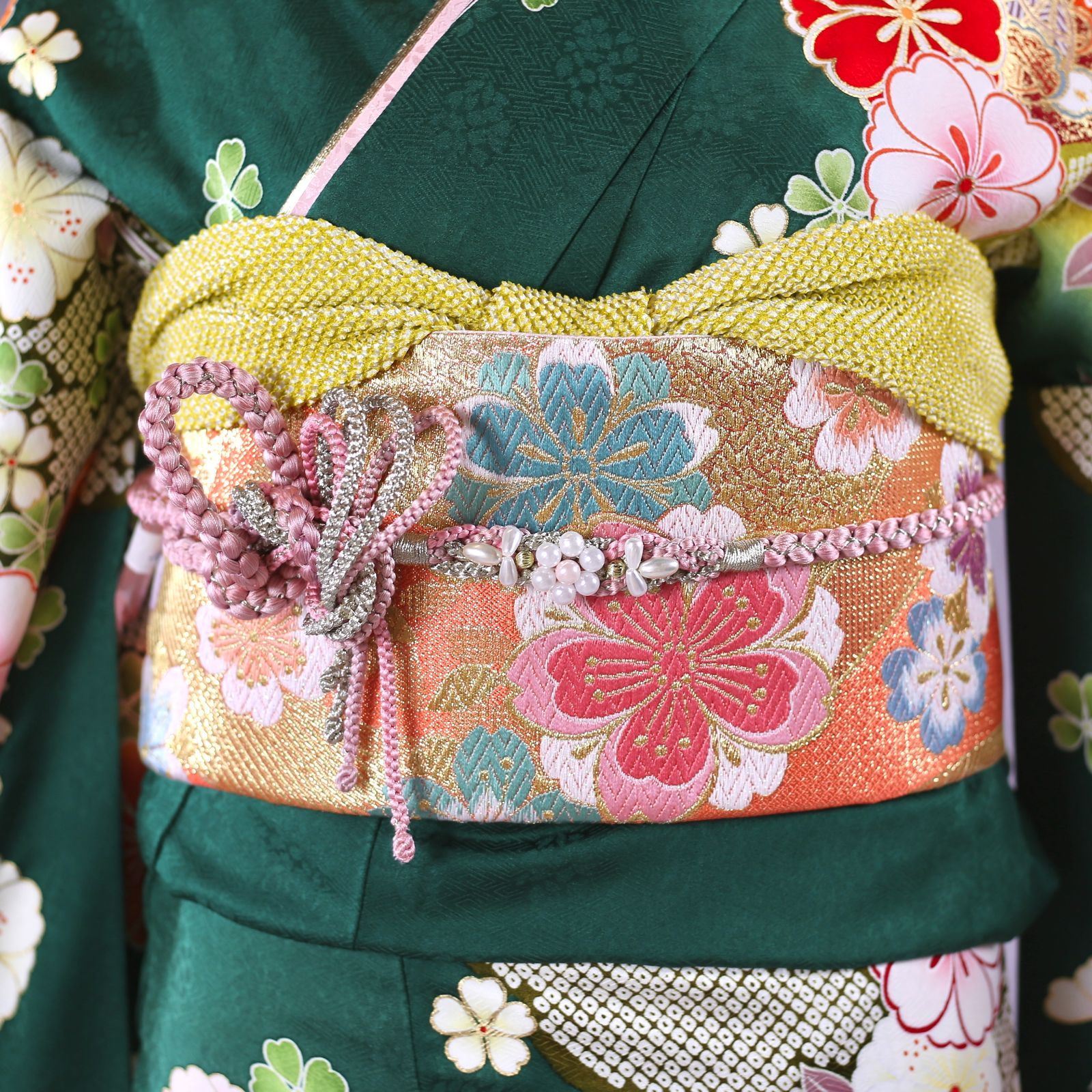 振袖フルセット 振袖セット 振袖 LLサイズ 中古 深緑×古典柄 美品 成人 