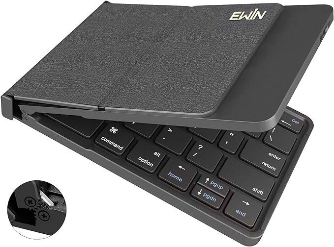 Ewin Bluetooth 新型 キーボード 折りたたみ式 超軽量 薄型 レザーカバー 手帳型 ワイヤレスキーボード USB 薄型 IOS/Android/Windows に対応 スマホ用 スタンド付 【日本語説明書】(折りたたみ式， ブ