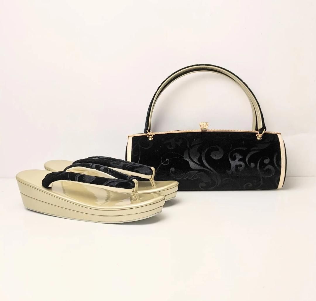 和装 草履バッグセット 振袖用 ベルベット 黒/金 フリーサイズ u55