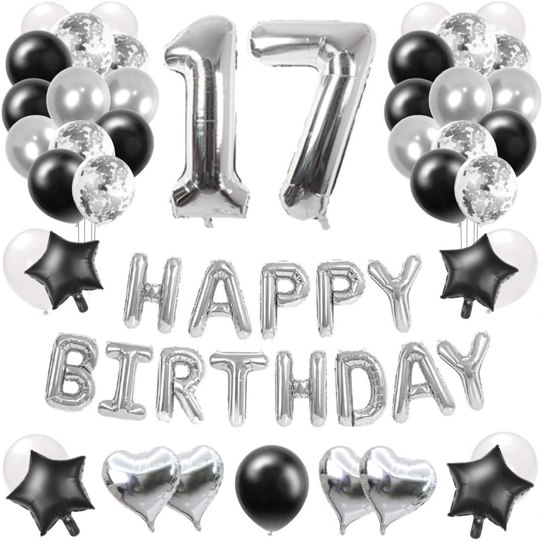 特別 >17歳< 88枚 17歳 誕生日 飾り付け 風船セット 数字バルーン 組み合わせ HAPPY BIRTHDAY ランド ハート風船 紙吹雪風船 ドットシール 装飾 パーティー お祝い サプライズ シルバー＆ブラック 男の子 女の子
