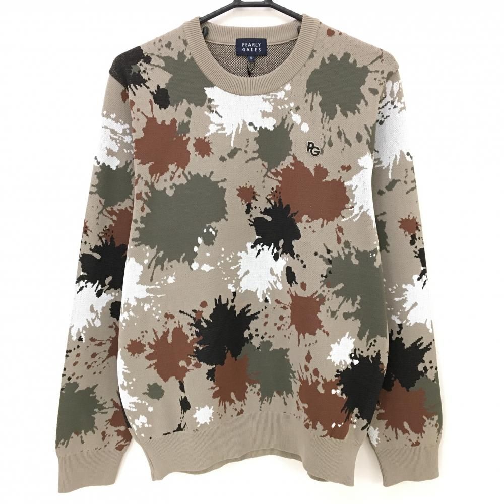 パーリーゲイツ セーター ベージュ系×グレー×ブラウン ペイント柄 ニット UVカット 遮熱 メンズ 5 L ゴルフウェア PEARLY GATES