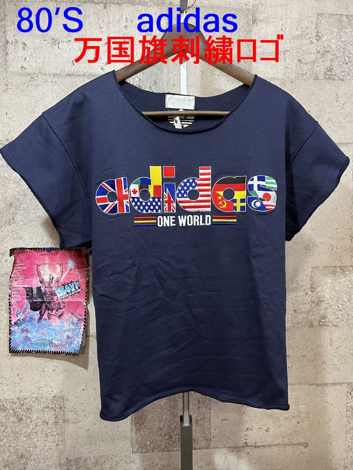 極美品 80'S アディダス 万国旗ロゴ刺繍 カットオフ スウェット M
