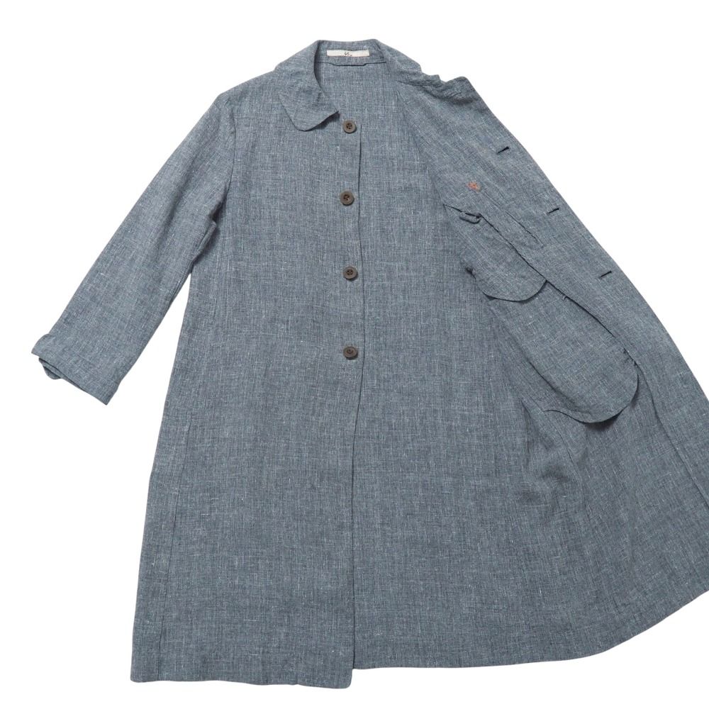 美品　フォーティファイブアール　ノーカラー　ロングコート　麻100% グレー　L 日本製／ブルーフォックスファー／カシミヤ混】拘りのシルエット