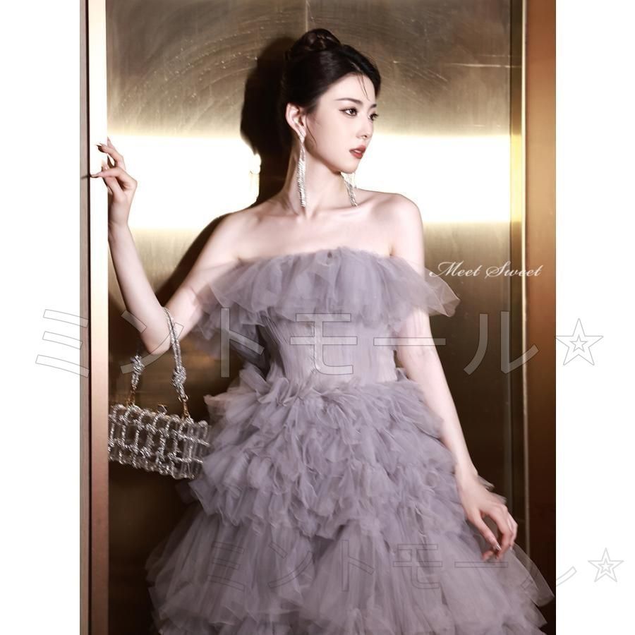 ドレス ロングドレス プリンセスドレス グレー フリル 結婚式 二次会 発表会 演奏会 ウェディングドレス ウエディン