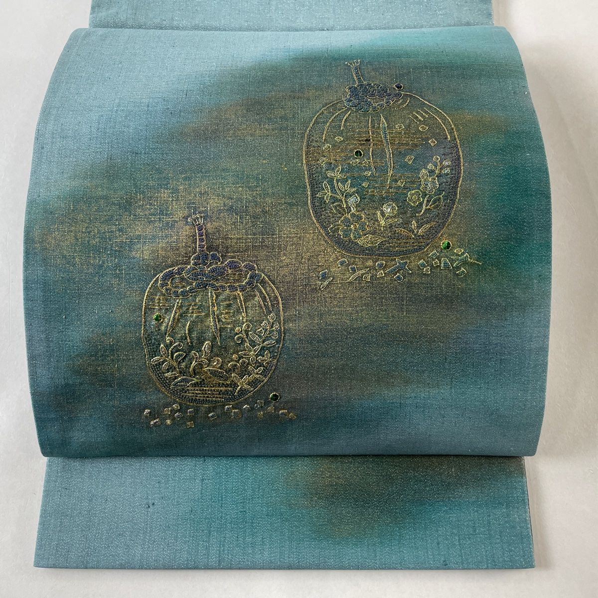 袋帯 仕覆 霞 刺繍 銀通し 青緑 お太鼓柄 正絹