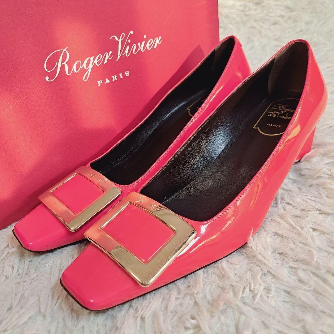極美品　Roger Vivier スクエアバックル　パンプス　太ヒール　24.5 人気✨ROGER VIVIER ロジェヴィヴィエ トランペット スクエア