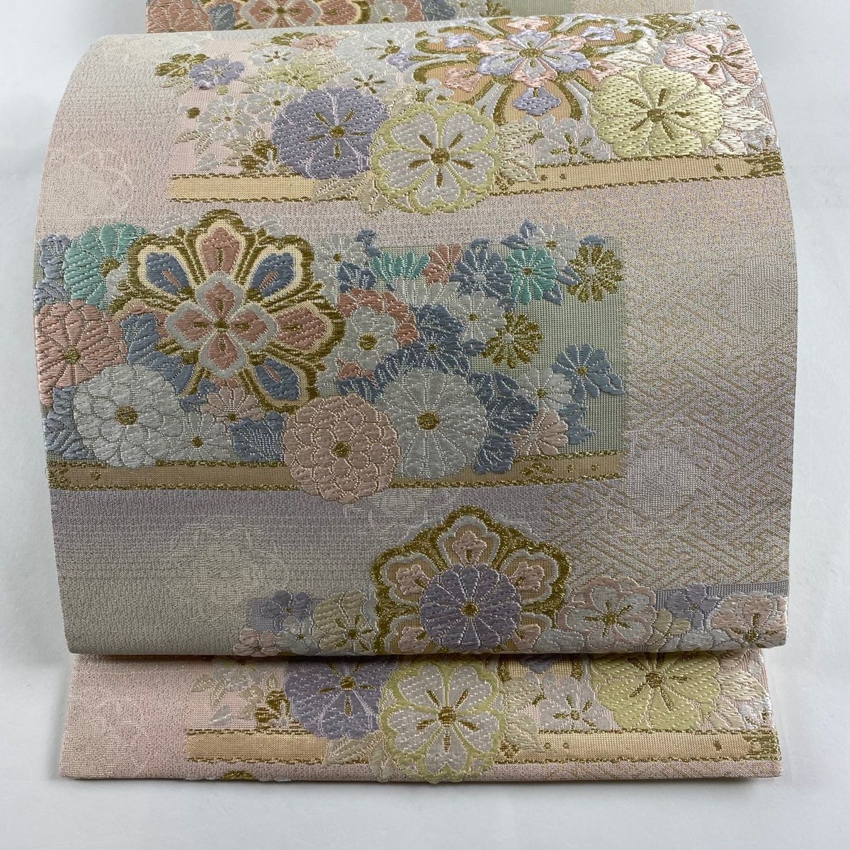 袋帯 秀品 草花 金銀糸 灰色 六通 正絹