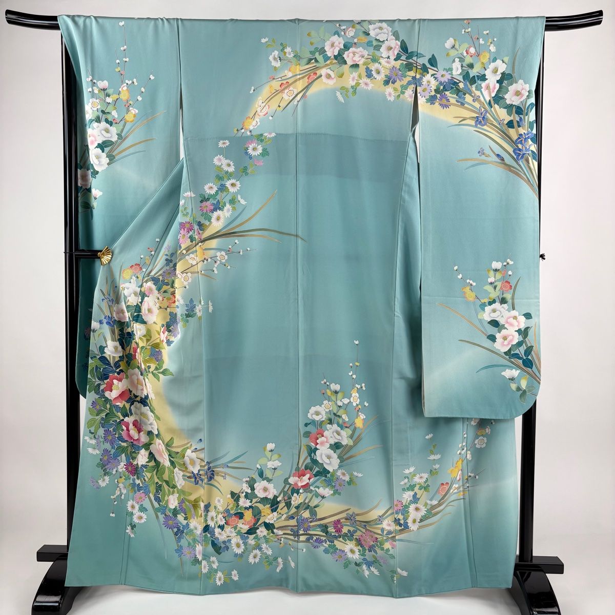 振袖 身丈164.5cm 裄丈67.5cm L 袷 落款 牡丹 椿 染め分け ぼかし 薄緑 正絹 名品