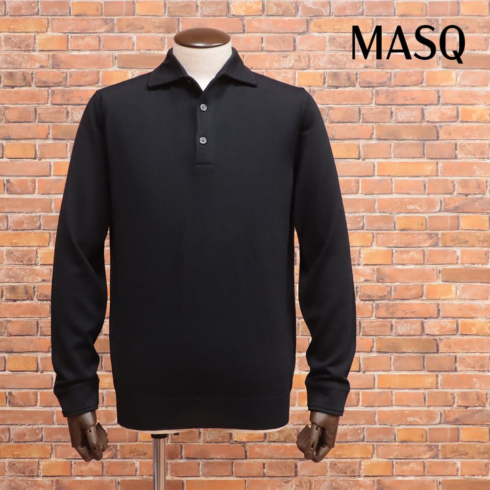 25秋冬 MASQ 50サイズ ニットポロシャツ M5625-6002 イタリア製 メリノウール ワイド 長袖 キレイめ 上品 今季 メンズ マスク 黒 ブラック mc383