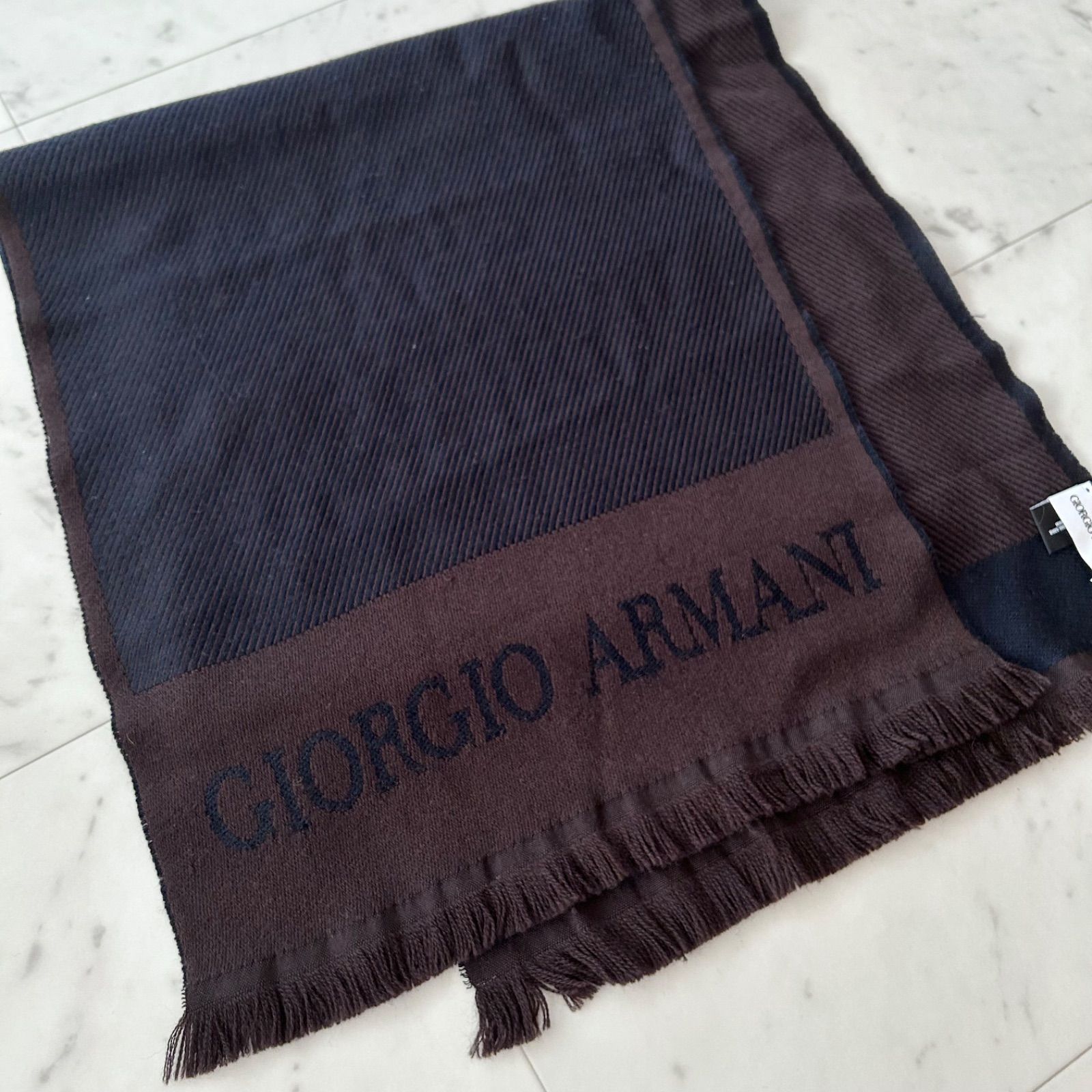 Giorgio Armani マフラー ブラック×ブラウン 154cm ロゴ入り