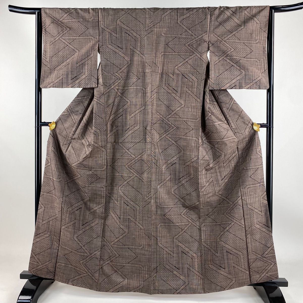 大島紬 身丈162.5cm 裄丈63cm S 袷 幾何学模様 茶色 正絹 美品 名品 【】