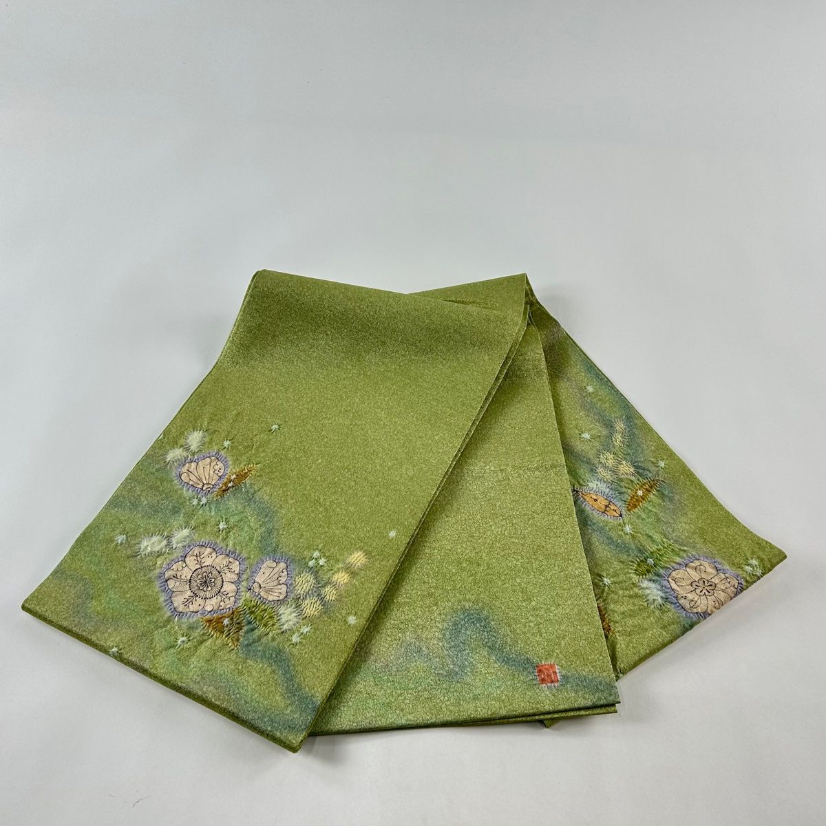 袋帯 美品 逸品 久保田一竹工房 落款 辻が花 金通し 薄緑 お太鼓柄 