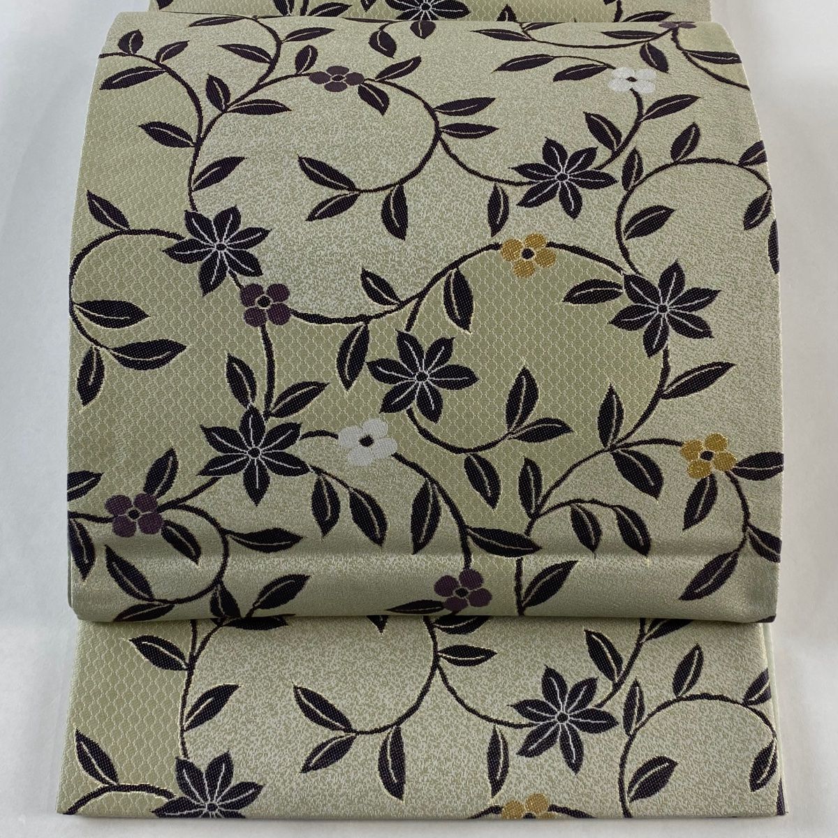 袋帯 秀品 名物裂文様 花唐草 箔 灰緑 六通 正絹｜中古・古着