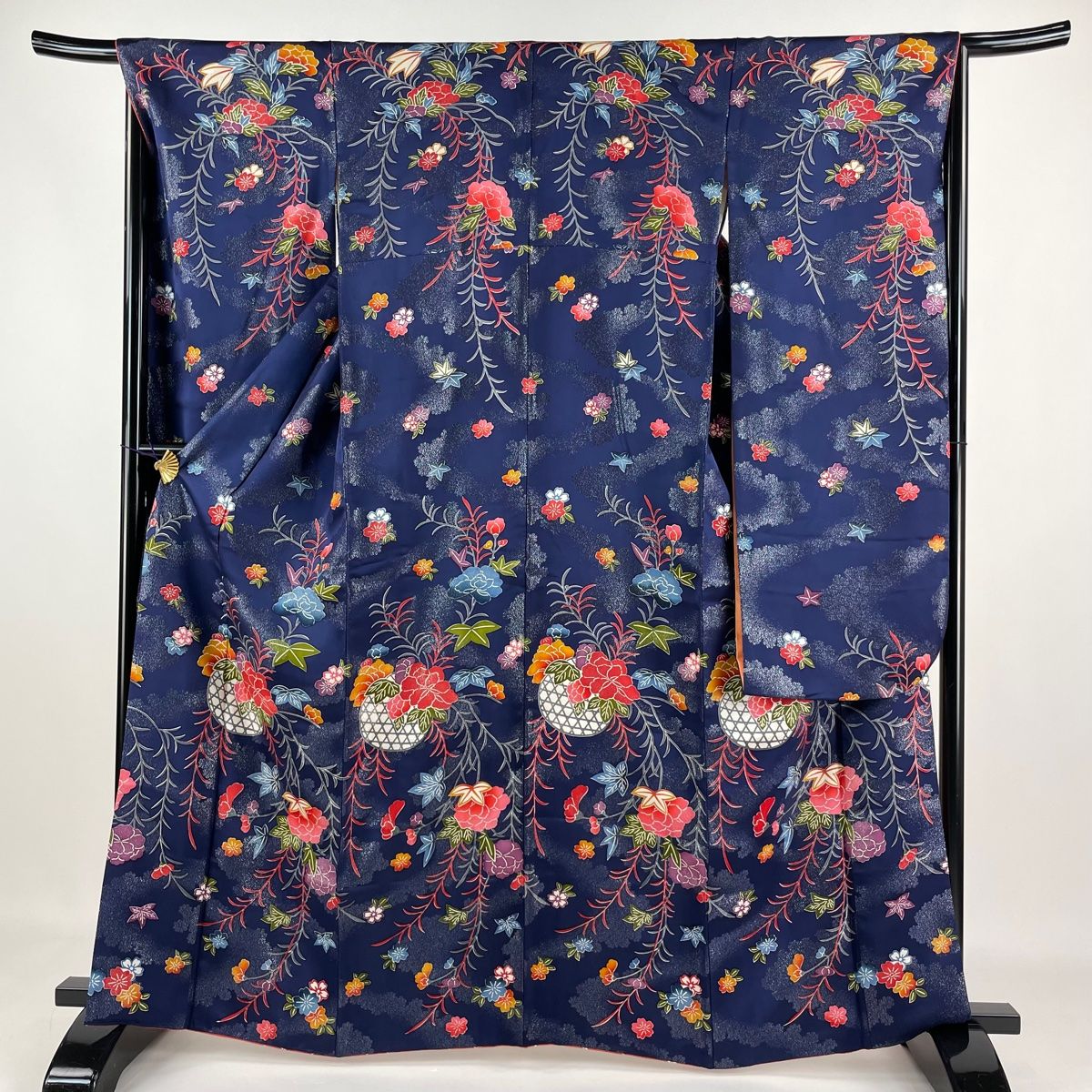 振袖 身丈163cm 裄丈65.5cm M 袷 花籠 草花 銀通し 濃紺 正絹 美品  