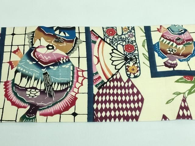 平和屋本店■極上　人間国宝　玉那覇有公　本場琉球紅型　九寸名古屋帯　紬地　魚　逸品　DZAA5720kh5 平和屋本店○極上 人間国宝 玉那覇有公 本場琉球紅型 九寸開き名古屋帯