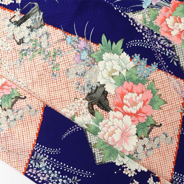振袖 リサイクル 販売 単品 レディース 正絹 紺 牡丹 身丈162cm