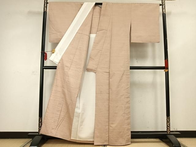 平和屋着物▽紅花紬　米沢　単衣　横縞　三越扱い　正絹　逸品　AABC0528fy 平和屋着物▽紅花紬 米沢 単衣 横縞 三越扱い 正絹 逸品 AABC0528fy