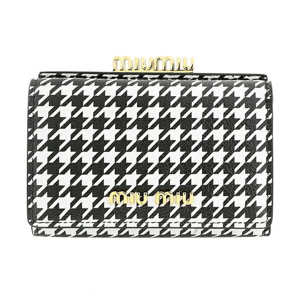 新品 ミュウミュウ MIU MIU 2つ折り財布 プリント レザー ブラック 黒 ライトベージュ MIU MIU - 新品 ミュウミュウ MIU MIU 2つ折り財布 プリント レザー