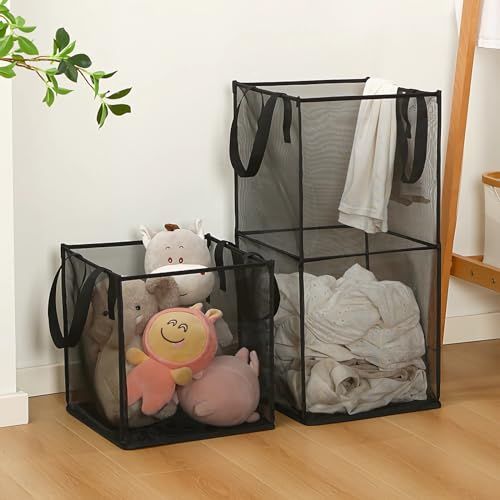 1個/2段/ブラック_1個 Labato 洗濯カゴ 折りたたみ式 ランドリーバスケット ランドリーバッグ 洗濯かご おもちゃ収納/洗濯物入れ 洗濯ボックス 持ち運び便利 通気性 防臭性（1個、2段、ブラック）