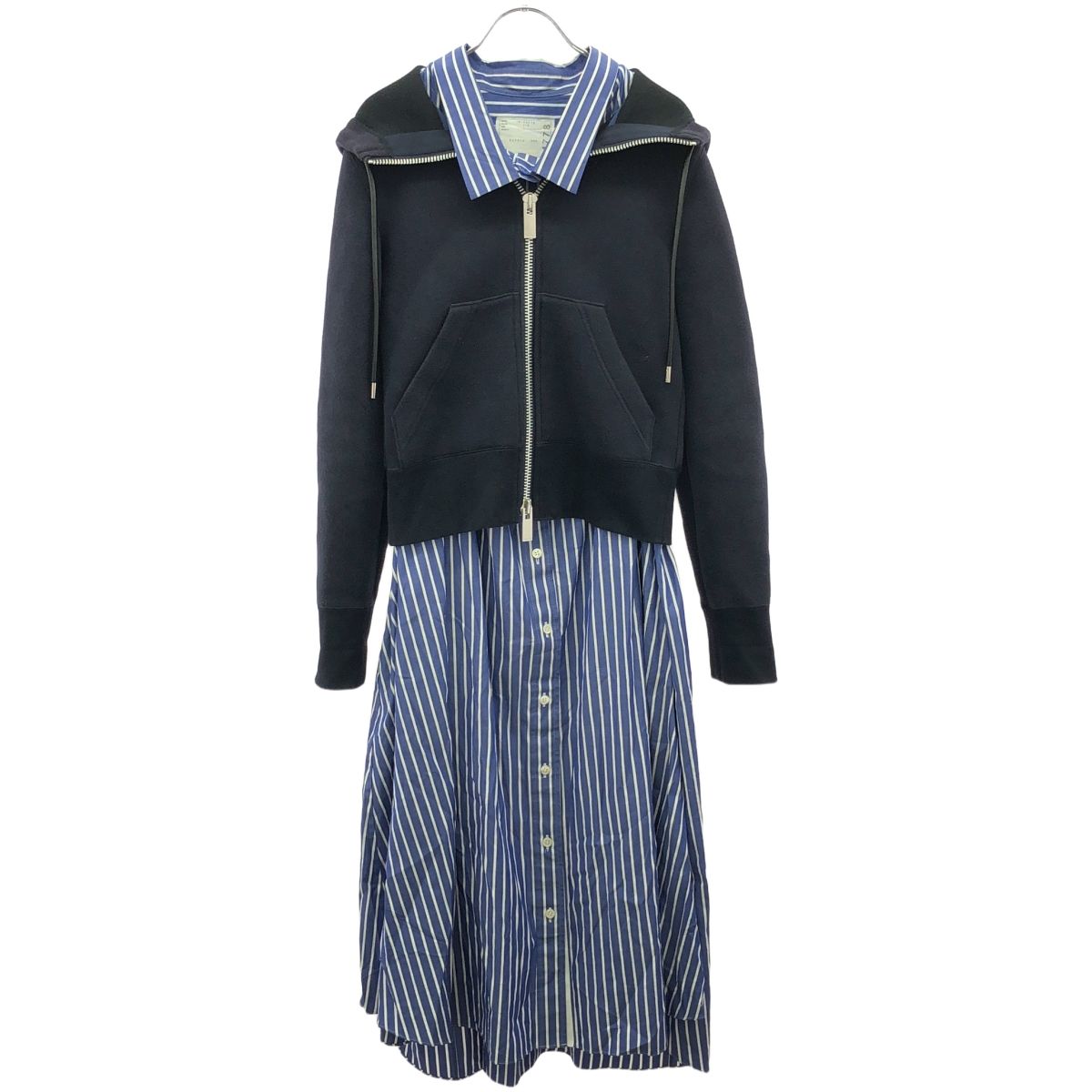 sacai サカイ 19SS パーカーレイヤードストライプシャツワンピース 19-04778 ネイビー×ブルー 1