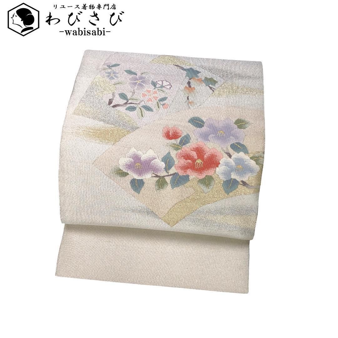 名古屋帯 綴れ 地紙に椿の花模様 ガード加工 生成色 O-5181 名古屋帯 綴れ 地紙に椿の花模様 ガード加工 生成色 O-5181