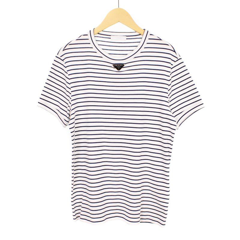 プラダ PRADA 23年製 Tシャツ 半袖 ボーダー 三角プレート XS 白
