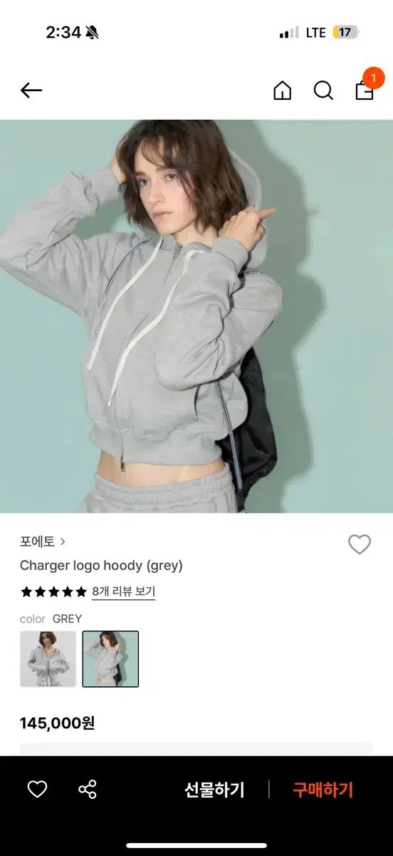 ポエト フーディー ジップアップ charger logo hoody グレー