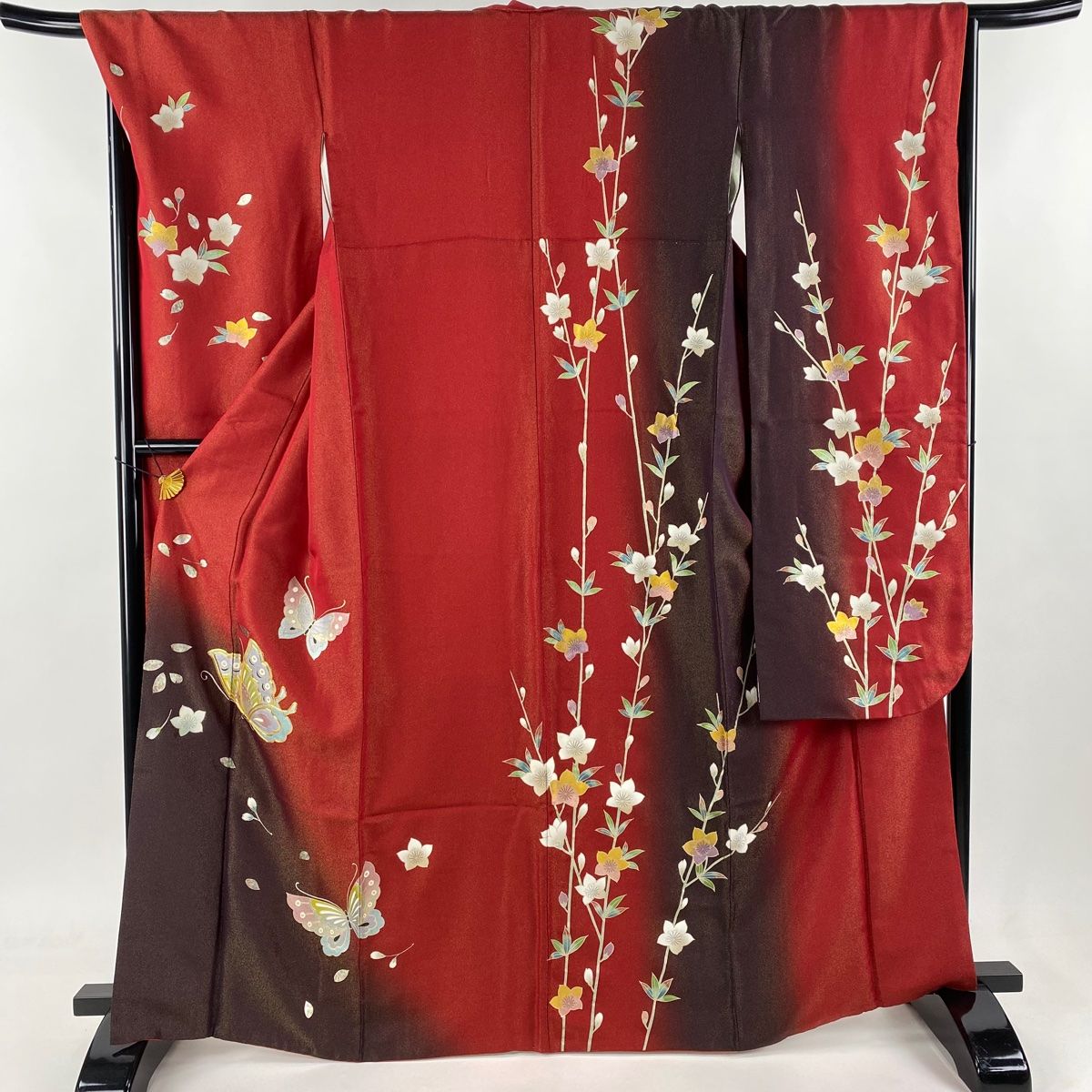 振袖 身丈165.5cm 裄丈67.5cm L 袷 蝶 草花 金通し 金銀彩 赤 正絹  