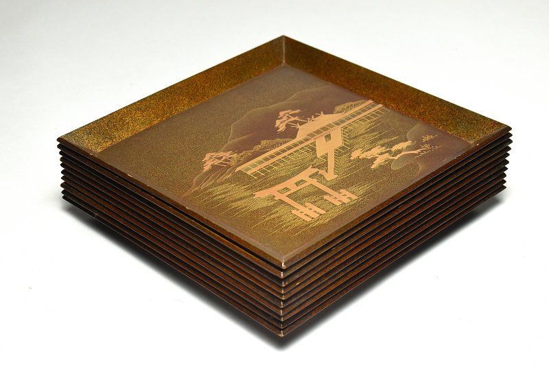 蔵A5074 時代 梨地蒔絵絵替盆 十枚