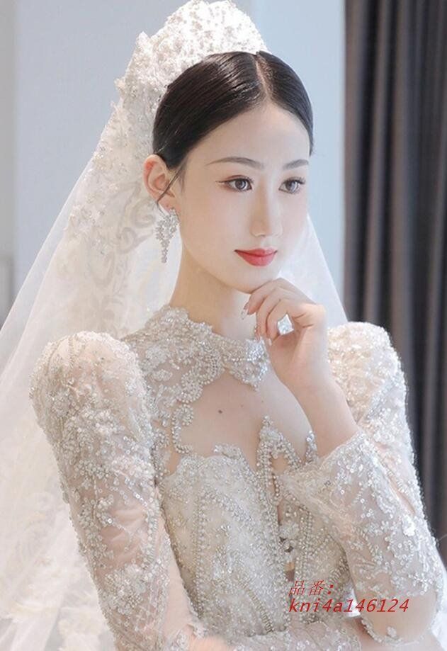 ウェディングドレス 白 長袖 立ち襟 トレーンドレス 結婚式ドレス スパンキラキラ 袖あり ロングドレス 二次会ドレス 花嫁ドレス 素敵 ブライダルドレス kni4a146124