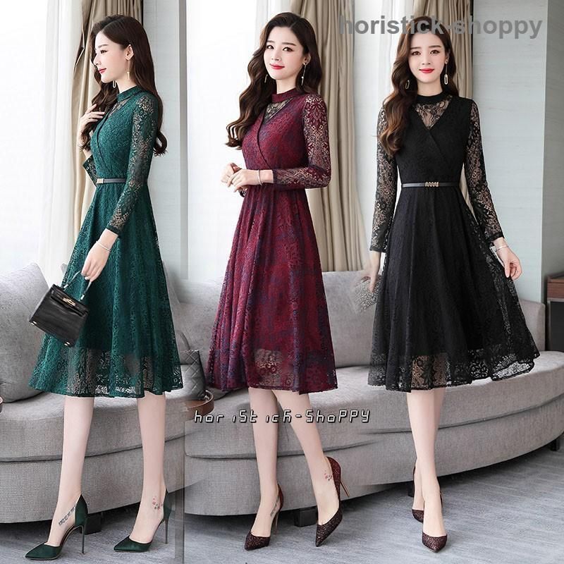 パーティードレス 結婚式 お呼ばれ 40代 30代 20代 総レース ドレス ワンピース 大きいサイズ 袖あり 長袖 ひざ丈 スタンド Aライン