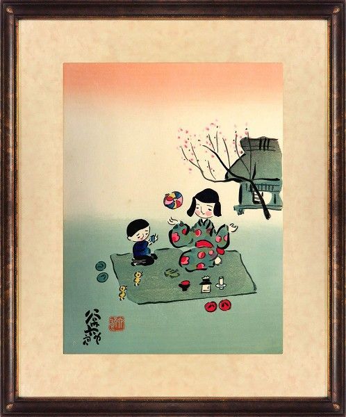 絵画 谷内六郎 「春」 木版画 四季版画 額付き 昭和の風景 素朴派 子供 