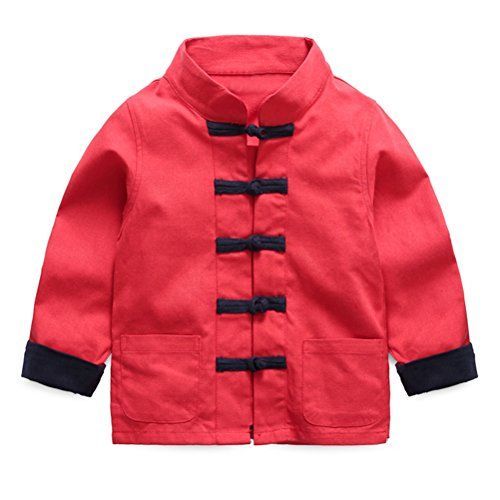 140_無地-レッド [LittleSpring] チャイナ服 キッズ 赤 中華風 シャツ 長袖 唐装 男の子 子供服 中華服 武術 太極拳 140