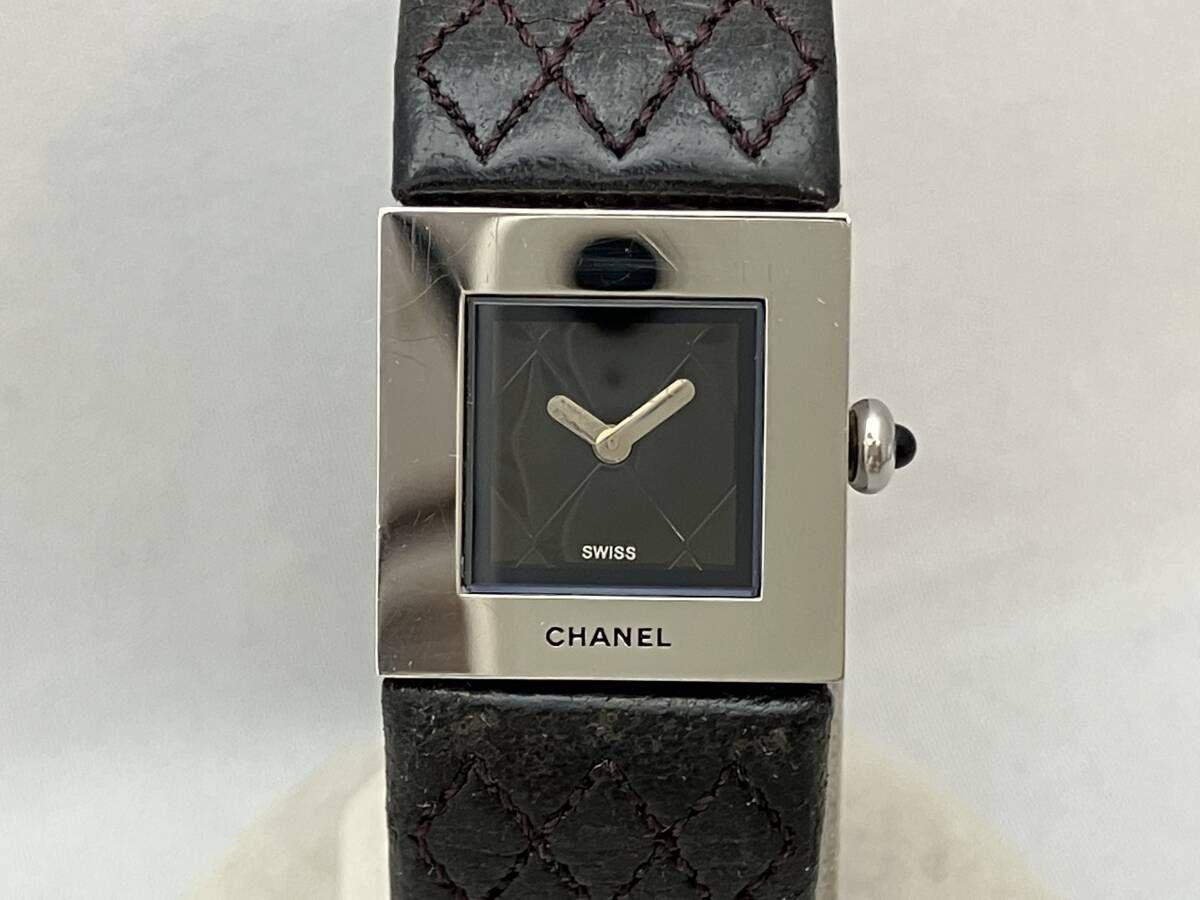 CHANEL マトラッセ クォーツ 腕時計 黒 ブラック レザー ベルト スクエア