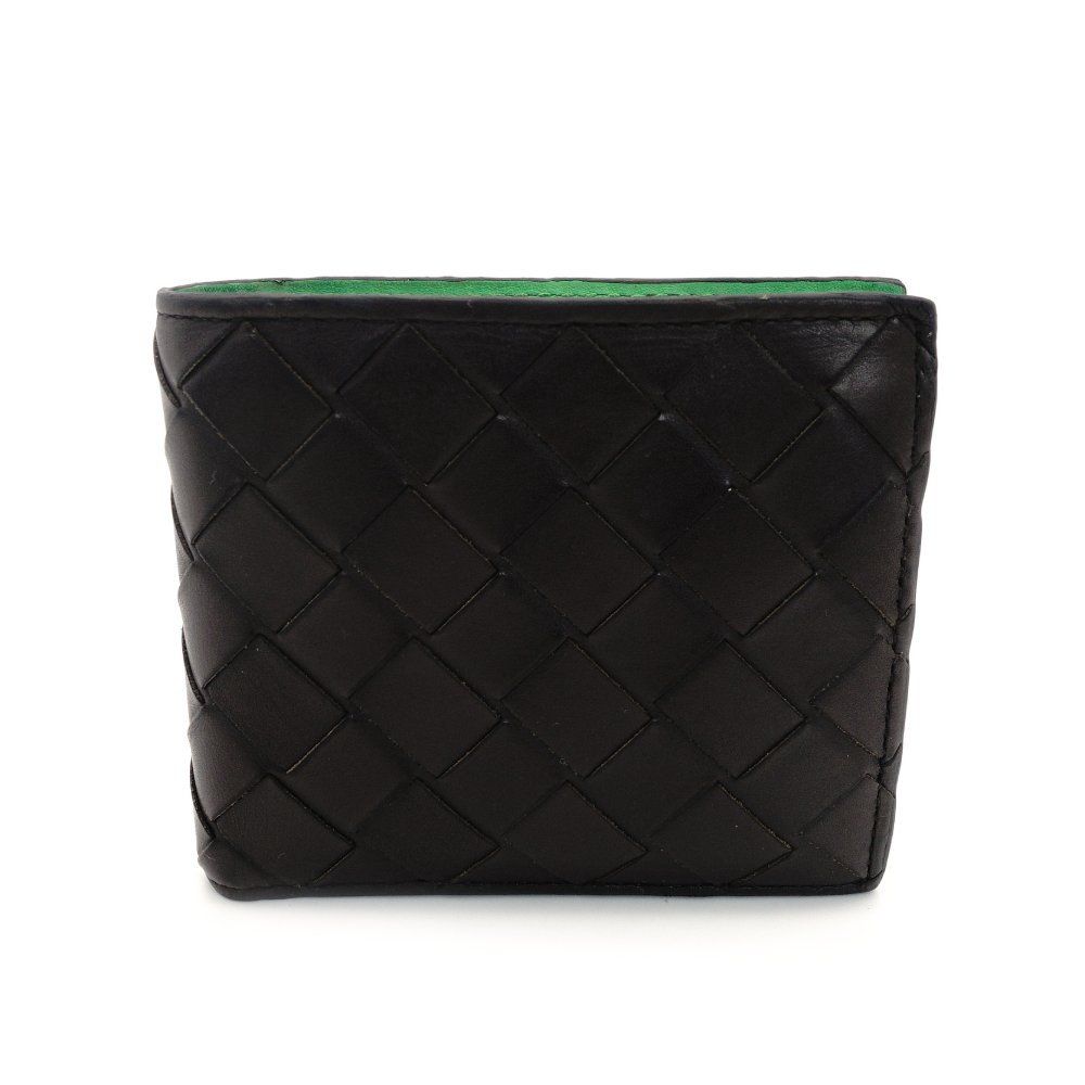 ボッテガヴェネタ BOTTEGA VENETA イントレチャート メンズ ブラック 二つ折り財布 黒 レザー ミニ財布 ブラック×グリーン 7-9-310