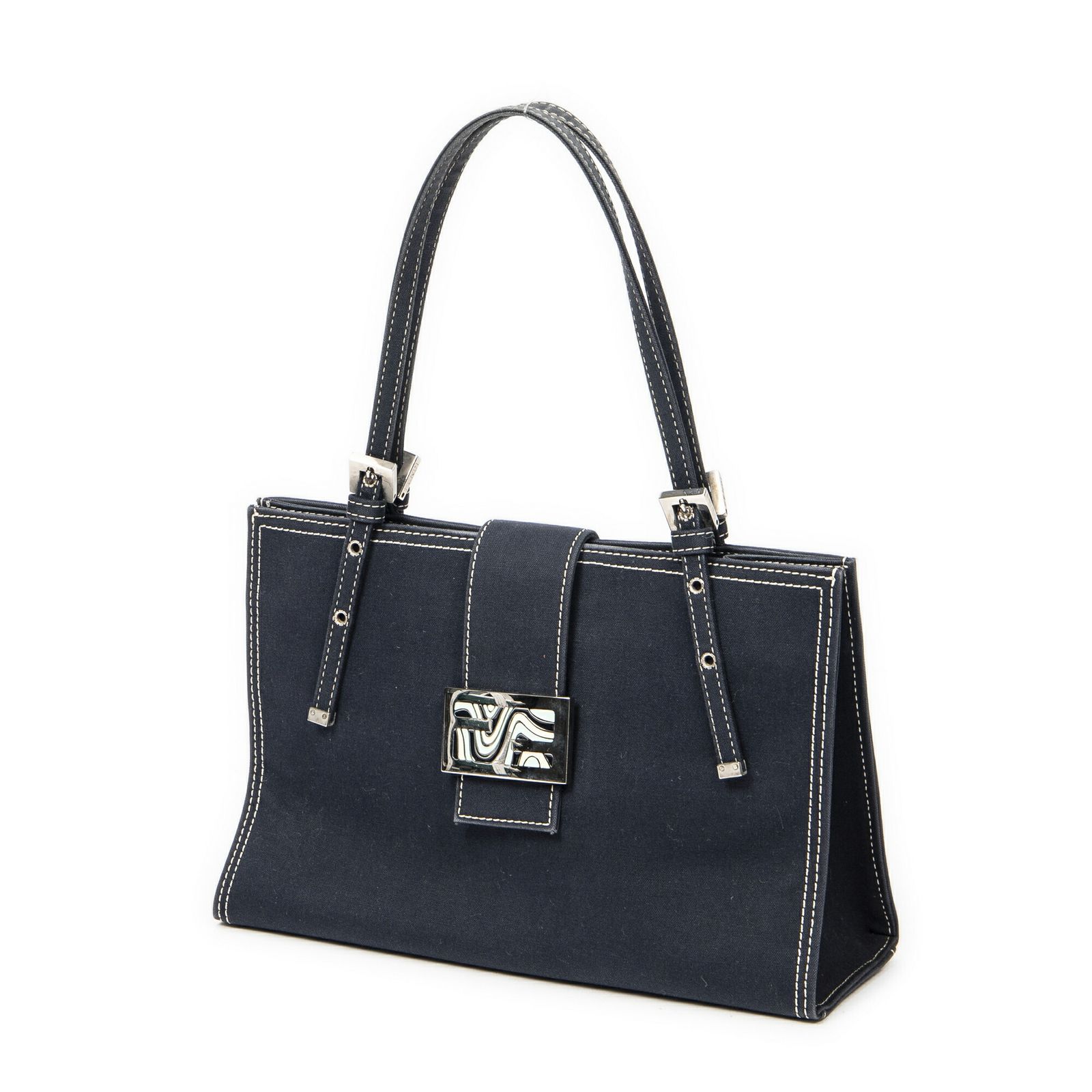 FENDI フェンディヴィンテージ FF マーブル トートブルーデニムデニムキャンバスAB