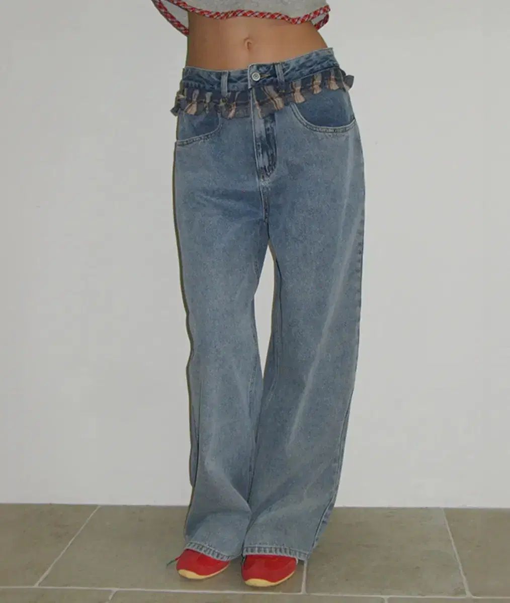 RONRON ♥ CHECK FRILL LAYERED DENIM PANTS /追跡付 RONRON(ロンロン) CHECK FRILL LAYERED DENIM PANTS LIGHT